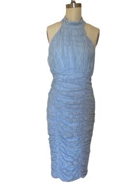 Venus L Baby Light Blue Lace Halter Midi Dress Ruched Bodycon Party Wedding Prom